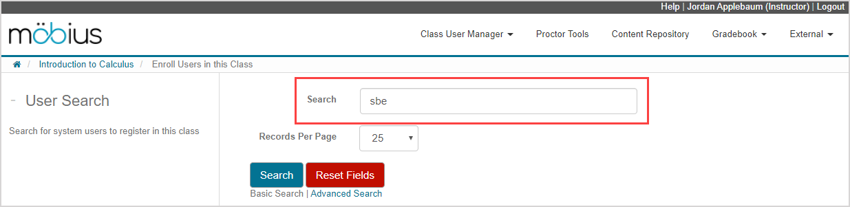 "sbe" is entered in the Search field of the Basic Search page.